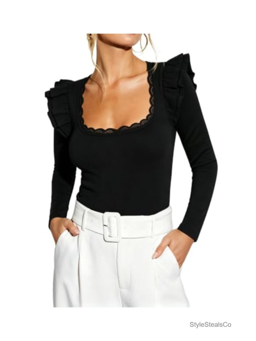 Women's Square Neck Ruffle Long Sleeve Ribbed Knit Top Fitted Going Out Shirt